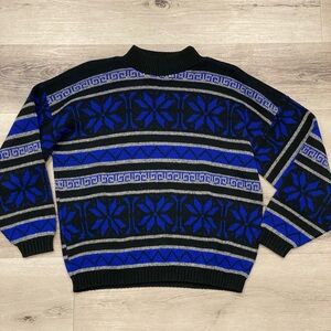 Vintage EL MAR California Black Blue Gray Ornate Mock Neck Sweater Size: Medium